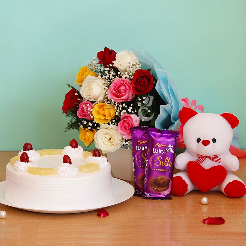 Mix Roses + Teddy + Chocolate With Cake